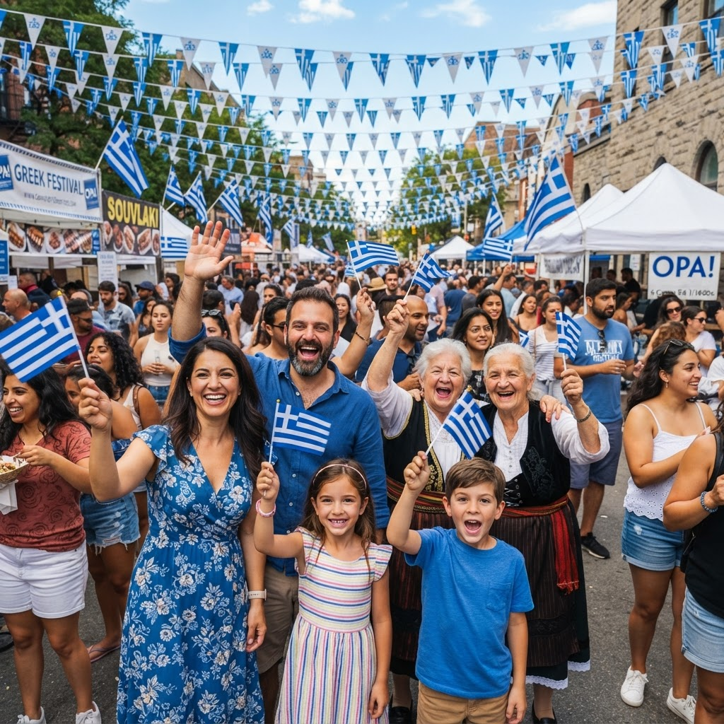 A happy crowd waving small Greek flags at the festival
