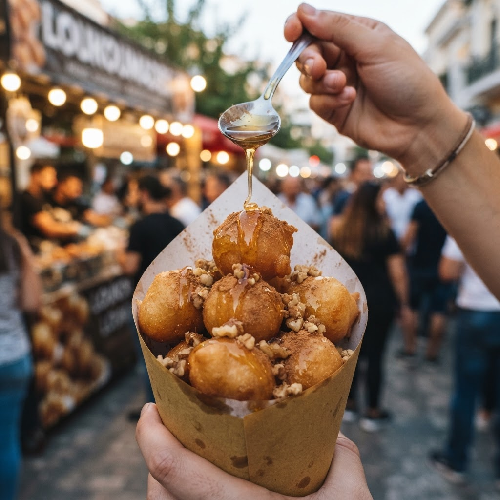 Golden loukoumades drizzled with honey, cinnamon and walnuts