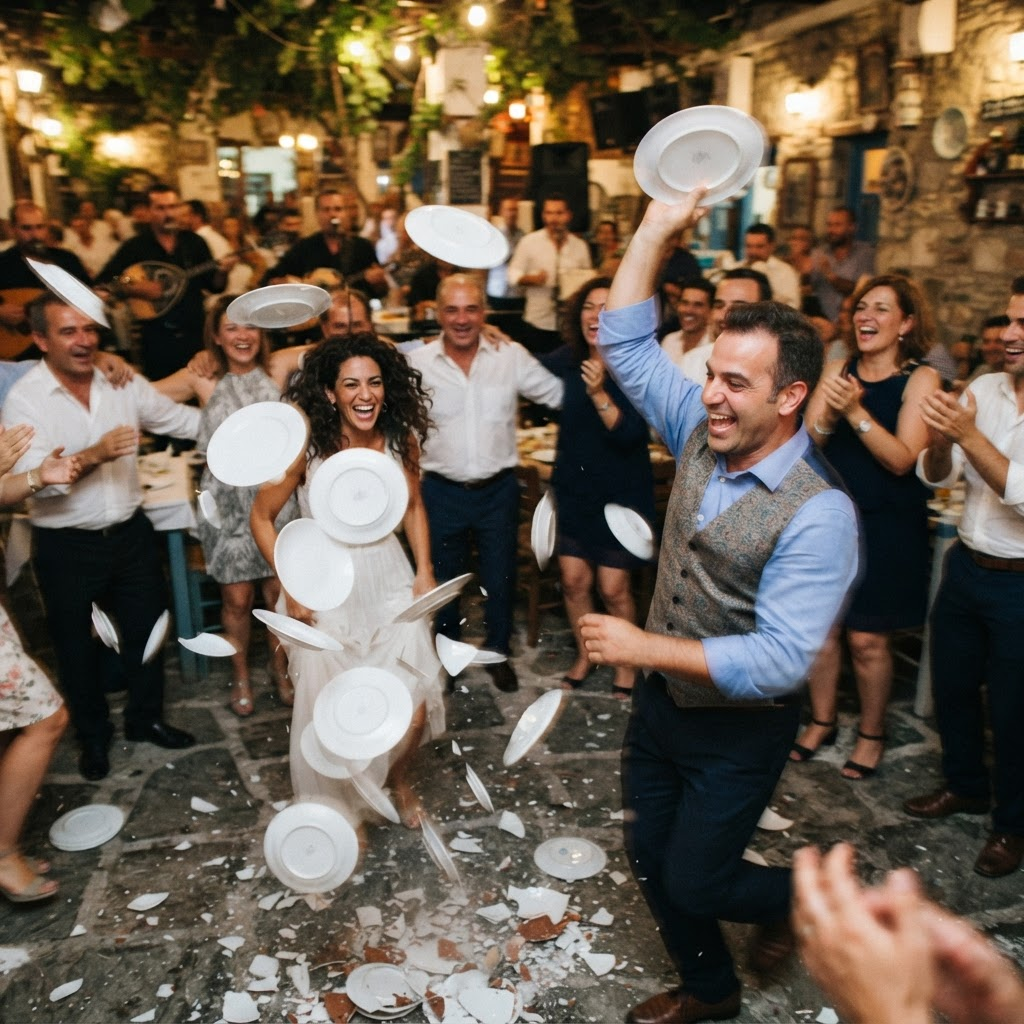 The traditional Greek plate-smashing celebration in full swing