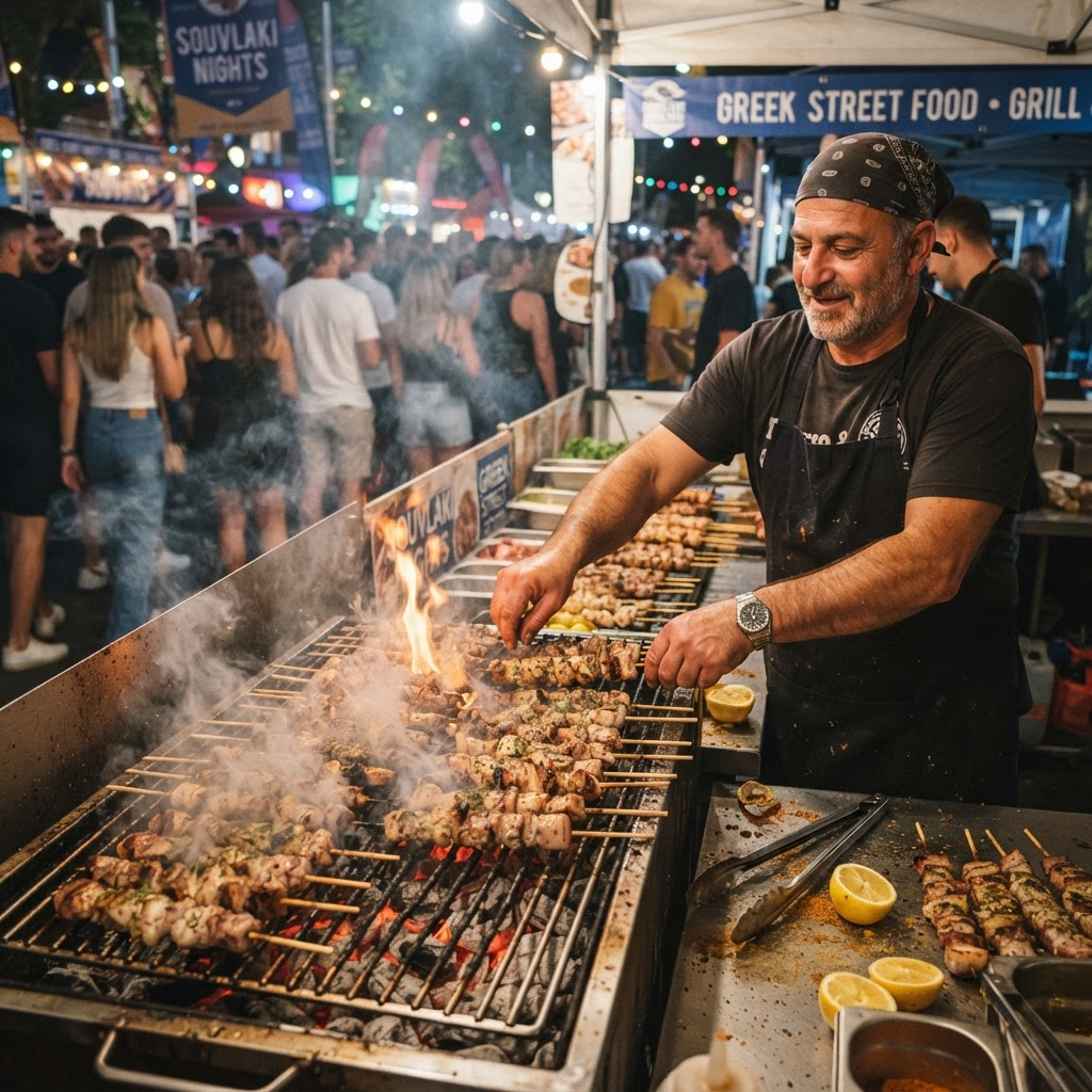 Chicken and pork souvlaki skewers grilling over charcoal at a food stall